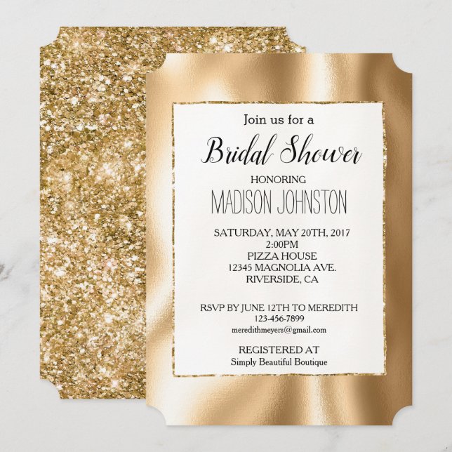 Girly Glam Gold Glitzer Einladung (Vorne/Hinten)
