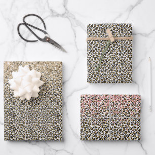 Girly Glam Gold Leopard Print Glitzer funkeln Geschenkpapier Set