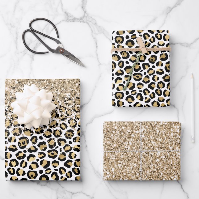 Girly Glam Gold Leopard Print Glitzer Sparkone  Geschenkpapier Set (Vorderseite)