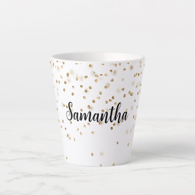 Girly Glam Gold Sparkle Confetti Personalisiert Milchtasse (Vorderseite)