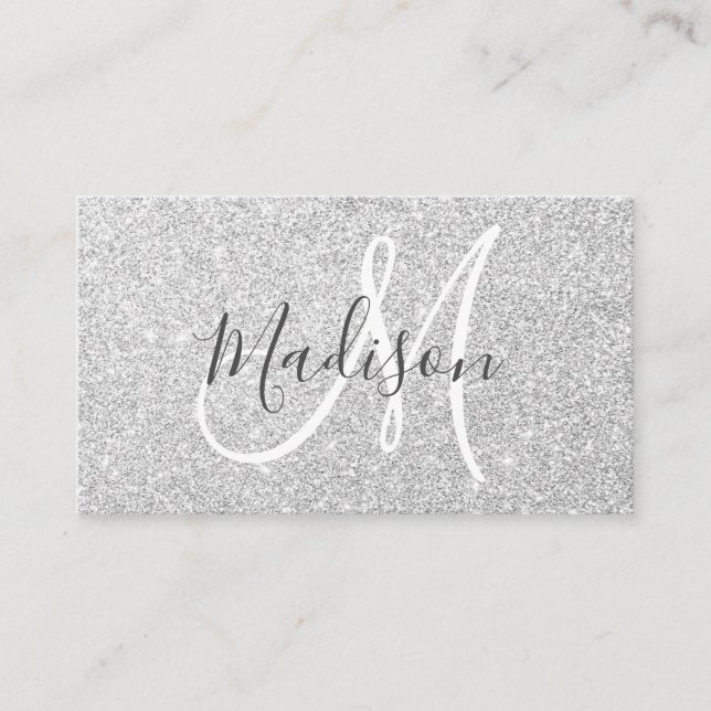 Girly & Glam Grau Silver Glitzer Glitzern Monogram Visitenkarte (Vorderseite)