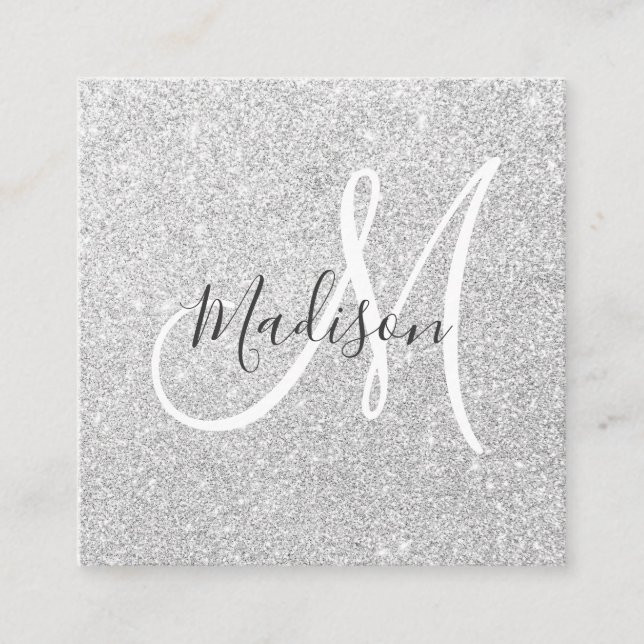 Girly & Glam Gray Silver Glitzer Sparkle Monogram Quadratische Visitenkarte (Vorderseite)