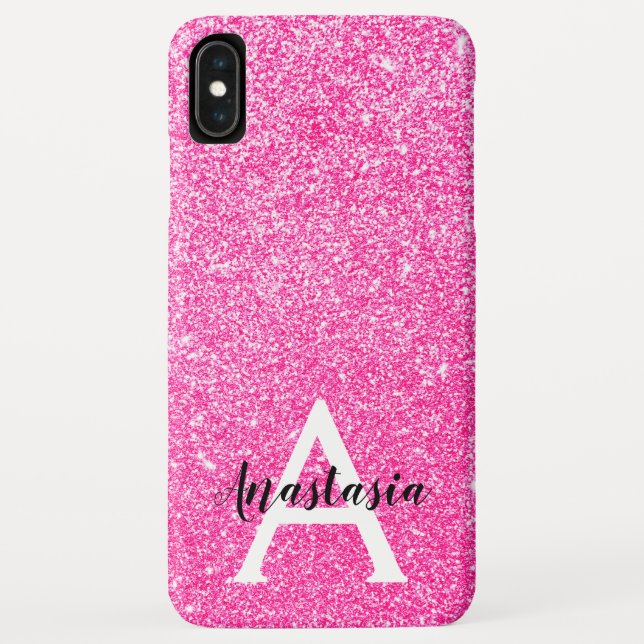 Girly Glam Hot Pink Glitzer Glitzern Monogram Name Case-Mate iPhone Hülle (Rückseite)