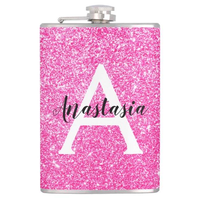 Girly Glam Hot Pink Glitzer Glitzern Monogram Name Flachmann (Vorderseite)