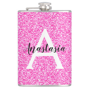 Girly Glam Hot Pink Glitzer Glitzern Monogram Name Flachmann