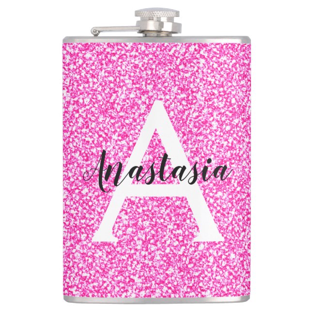 Girly Glam Hot Pink Glitzer Glitzern Monogram Name Flachmann (Vorderseite)