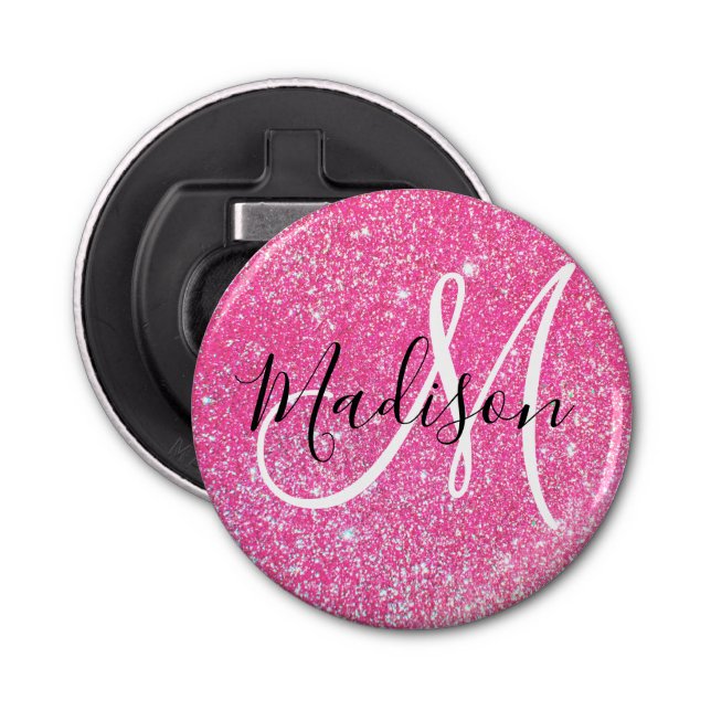 Girly Glam Hot Pink Glitzer Glitzern Monogram Name Flaschenöffner (Vorderseite)