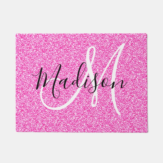 Girly Glam Hot Pink Glitzer Glitzern Monogram Name Fußmatte (Vorderseite)