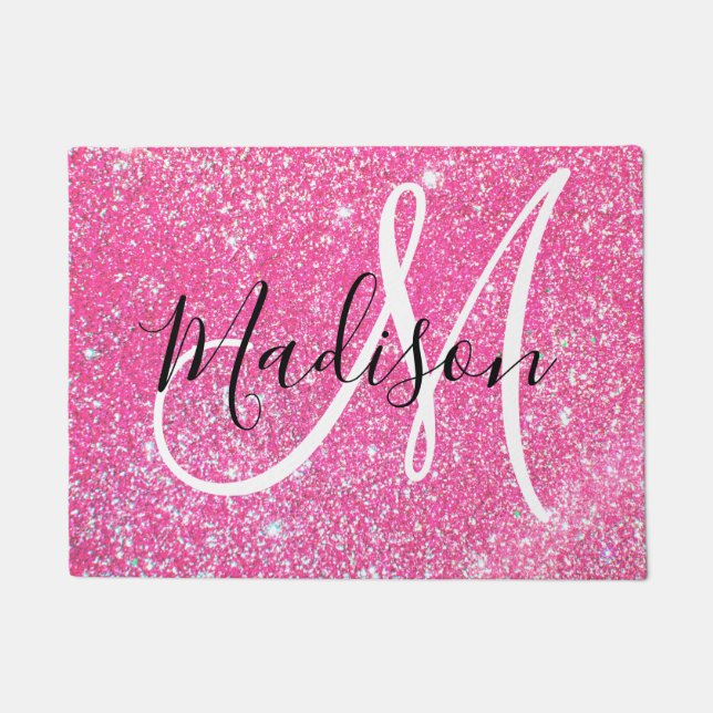 Girly Glam Hot Pink Glitzer Glitzern Monogram Name Fußmatte (Vorderseite)