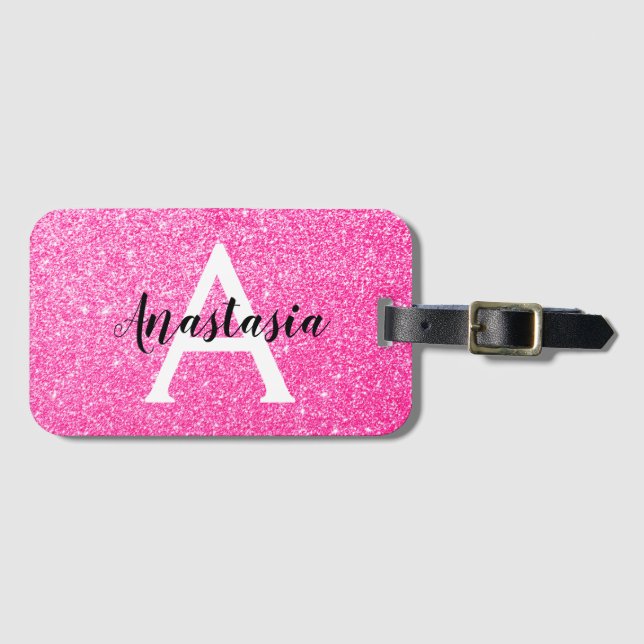 Girly Glam Hot Pink Glitzer Glitzern Monogram Name Gepäckanhänger (Vorderseite (Horizontal))