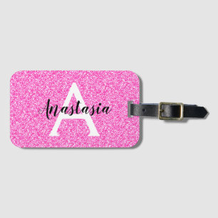 Girly Glam Hot Pink Glitzer Glitzern Monogram Name Gepäckanhänger