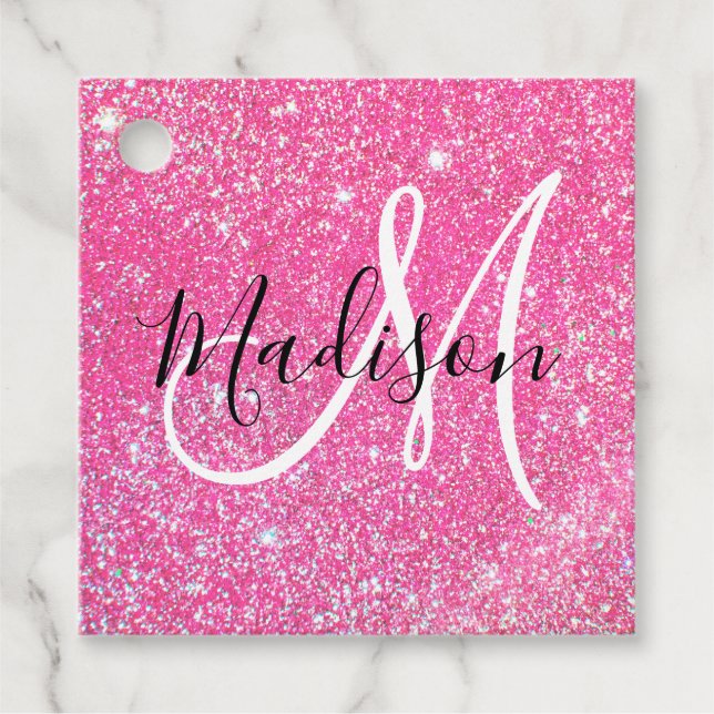 Girly Glam Hot Pink Glitzer Glitzern Monogram Name Geschenkanhänger (Vorderseite)