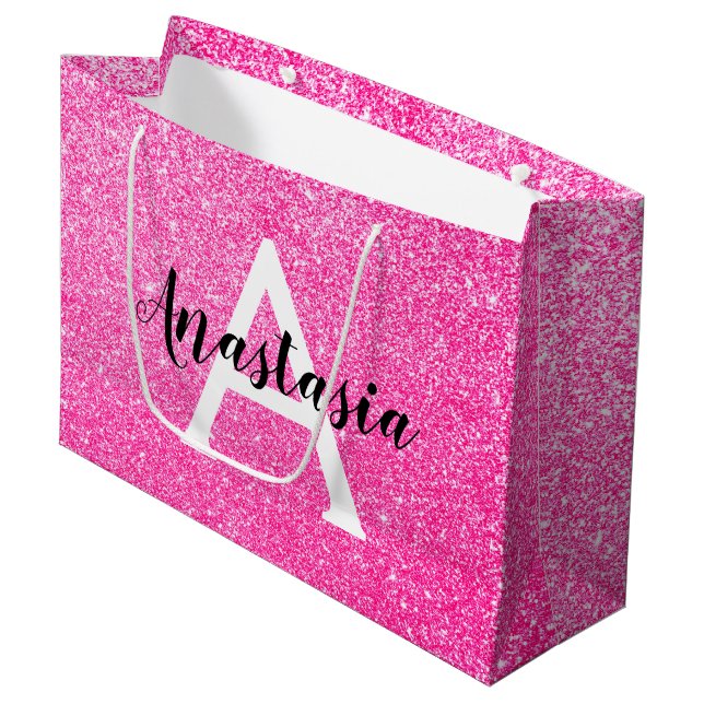 Girly Glam Hot Pink Glitzer Glitzern Monogram Name Große Geschenktüte (Vorderseite Schrägansicht)