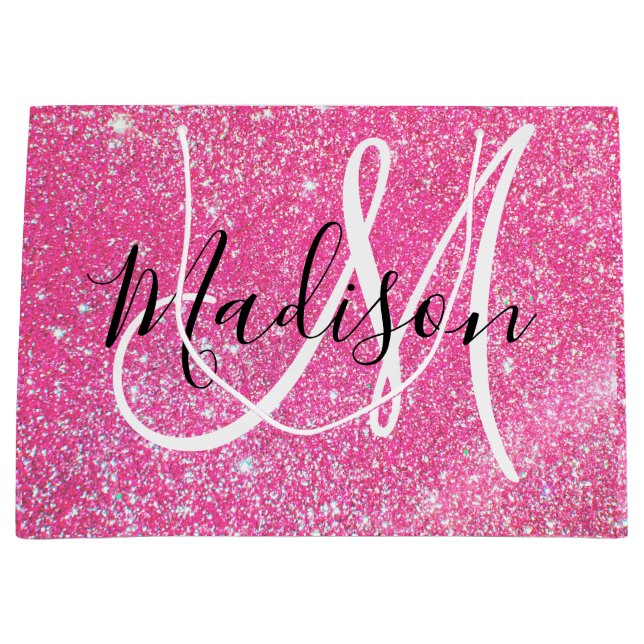Girly Glam Hot Pink Glitzer Glitzern Monogram Name Große Geschenktüte (Vorderseite)