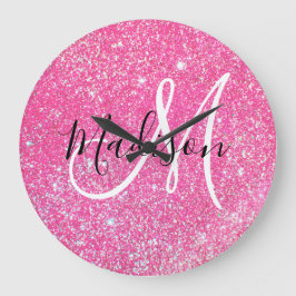 Girly Glam Hot Pink Glitzer Glitzern Monogram Name Große Wanduhr
