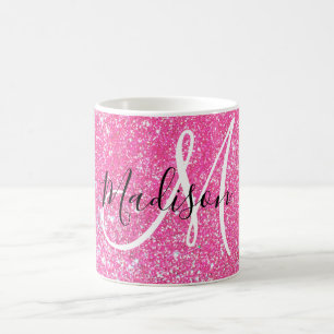 Girly Glam Hot Pink Glitzer Glitzern Monogram Name Kaffeetasse