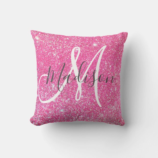 Girly Glam Hot Pink Glitzer Glitzern Monogram Name Kissen (Vorderseite)