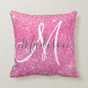 Girly Glam Hot Pink Glitzer Glitzern Monogram Name Kissen