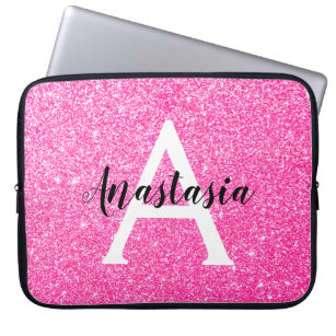 Girly Glam Hot Pink Glitzer Glitzern Monogram Name Laptopschutzhülle