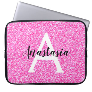 Girly Glam Hot Pink Glitzer Glitzern Monogram Name Laptopschutzhülle