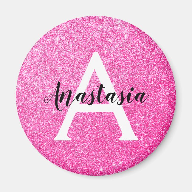 Girly Glam Hot Pink Glitzer Glitzern Monogram Name Magnet (Vorne)