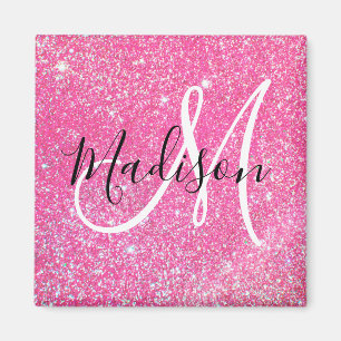 Girly Glam Hot Pink Glitzer Glitzern Monogram Name Magnet