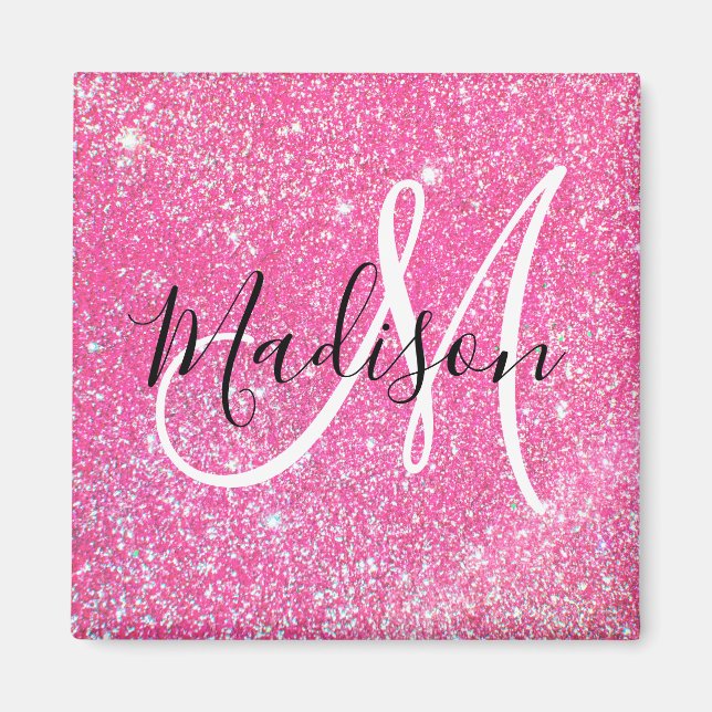 Girly Glam Hot Pink Glitzer Glitzern Monogram Name Magnet (Vorne)