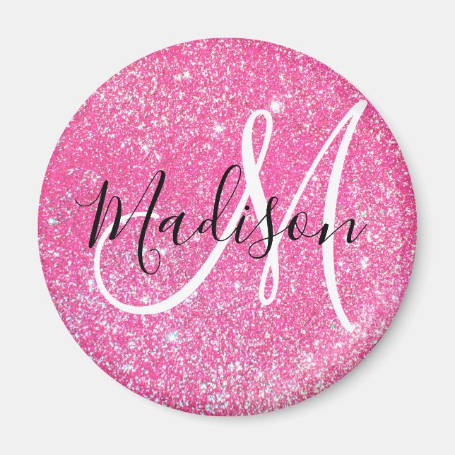 Girly Glam Hot Pink Glitzer Glitzern Monogram Name Magnet (Vorne)