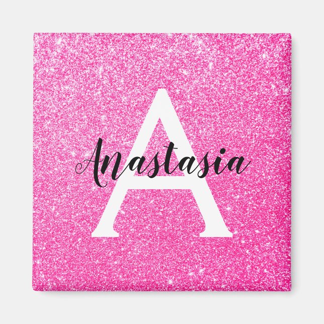 Girly Glam Hot Pink Glitzer Glitzern Monogram Name Magnet (Vorne)