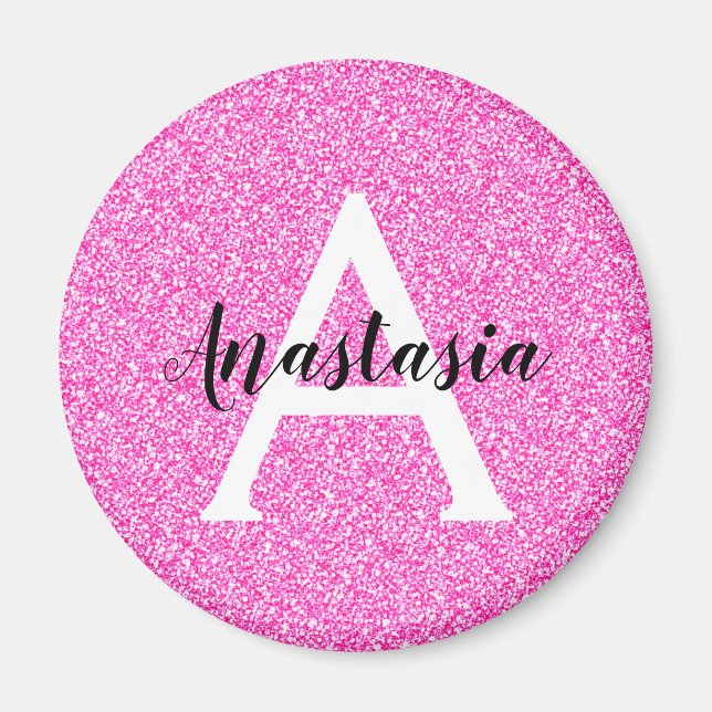 Girly Glam Hot Pink Glitzer Glitzern Monogram Name Magnet (Vorne)