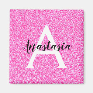 Girly Glam Hot Pink Glitzer Glitzern Monogram Name Magnet