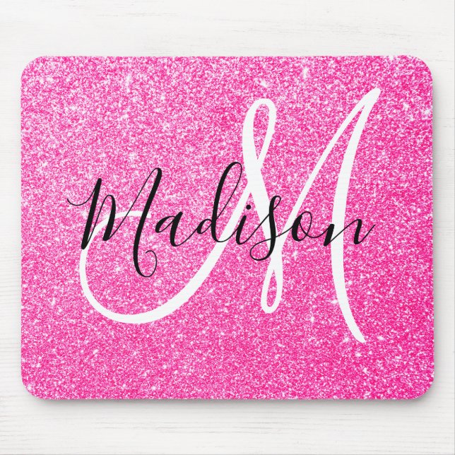 Girly Glam Hot Pink Glitzer Glitzern Monogram Name Mousepad (Vorne)