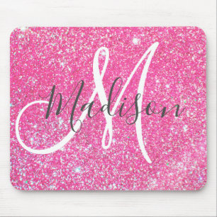 Girly Glam Hot Pink Glitzer Glitzern Monogram Name Mousepad