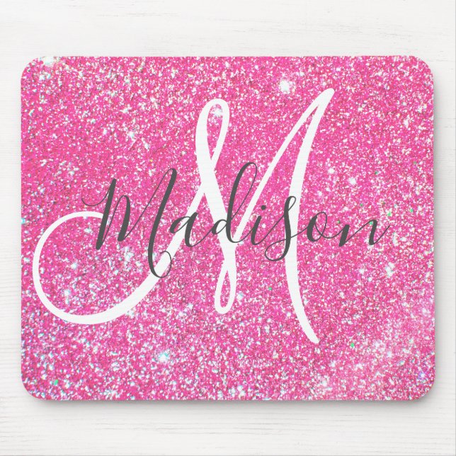Girly Glam Hot Pink Glitzer Glitzern Monogram Name Mousepad (Vorne)