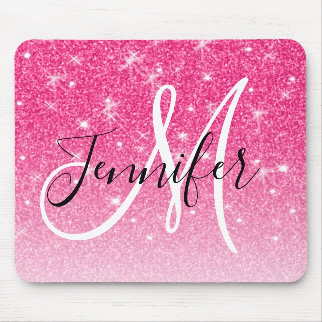 Girly Glam Hot Pink Glitzer Glitzern Monogram Name Mousepad (Vorne)