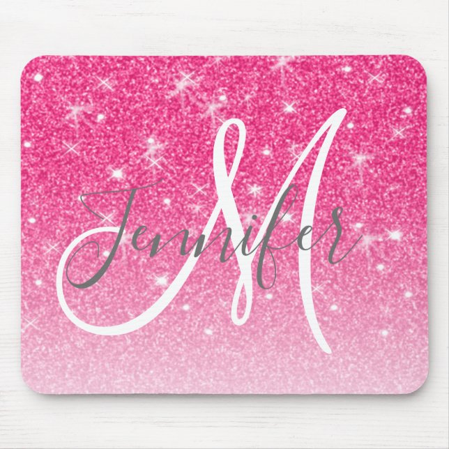 Girly Glam Hot Pink Glitzer Glitzern Monogram Name Mousepad (Vorne)