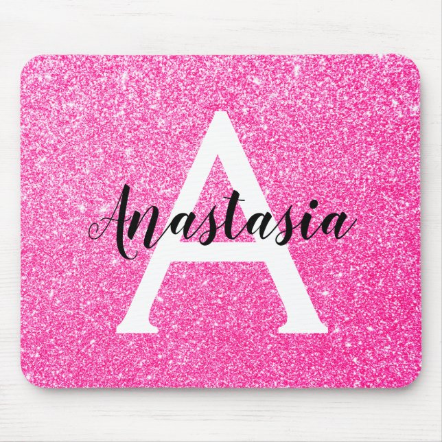 Girly Glam Hot Pink Glitzer Glitzern Monogram Name Mousepad (Vorne)