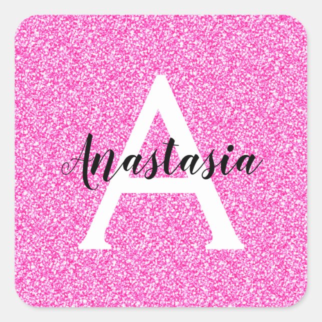 Girly Glam Hot Pink Glitzer Glitzern Monogram Name Quadratischer Aufkleber (Vorderseite)