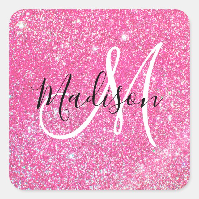 Girly Glam Hot Pink Glitzer Glitzern Monogram Name Quadratischer Aufkleber (Vorderseite)