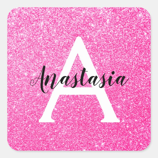 Girly Glam Hot Pink Glitzer Glitzern Monogram Name Quadratischer Aufkleber (Vorderseite)