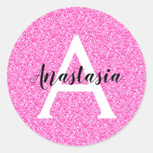 Girly Glam Hot Pink Glitzer Glitzern Monogram Name Runder Aufkleber
