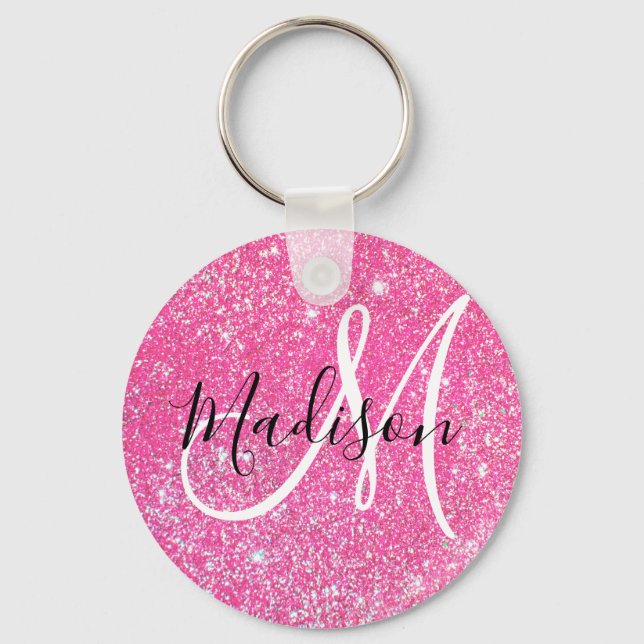 Girly Glam Hot Pink Glitzer Glitzern Monogram Name Schlüsselanhänger (Vorderseite)