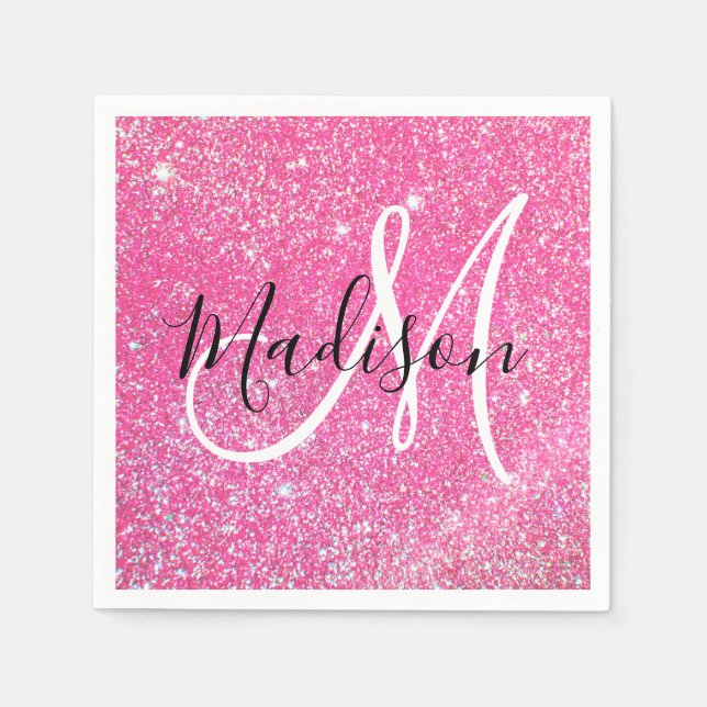 Girly Glam Hot Pink Glitzer Glitzern Monogram Name Serviette (Vorderseite)