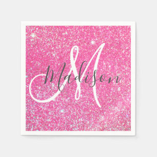 Girly Glam Hot Pink Glitzer Glitzern Monogram Name Serviette