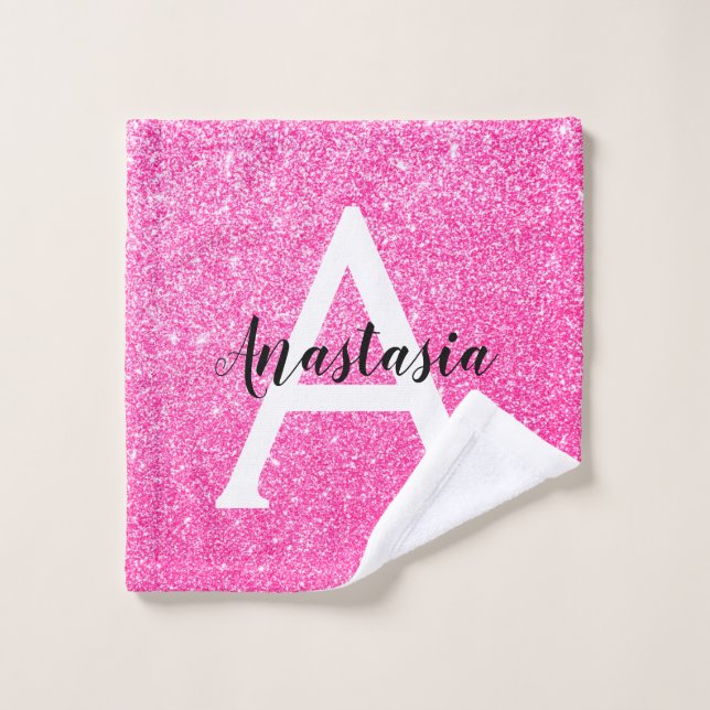 Girly Glam Hot Pink Glitzer Glitzern Monogram Name Waschlappen (Waschlappen)