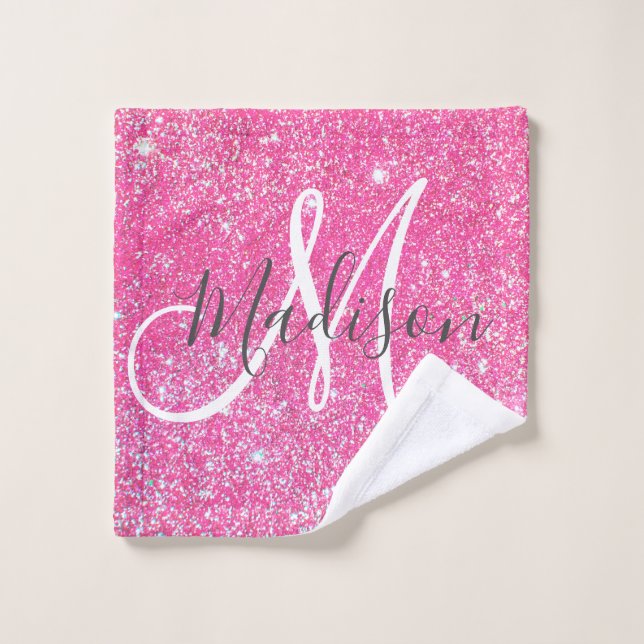 Girly Glam Hot Pink Glitzer Glitzern Monogram Name Waschlappen (Waschlappen)