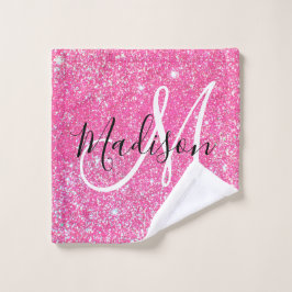 Girly Glam Hot Pink Glitzer Glitzern Monogram Name Waschlappen