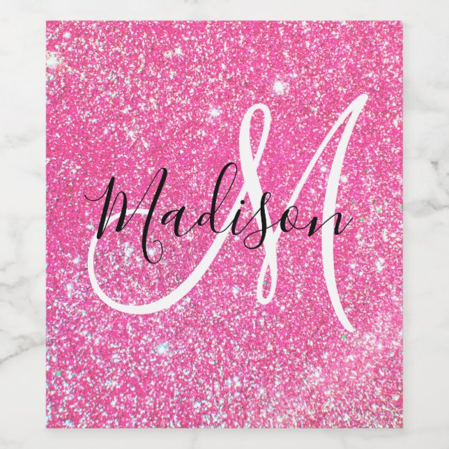 Girly Glam Hot Pink Glitzer Glitzern Monogram Name Weinetikett (Einzelnes Label)