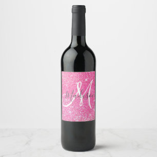 Girly Glam Hot Pink Glitzer Glitzern Monogram Name Weinetikett