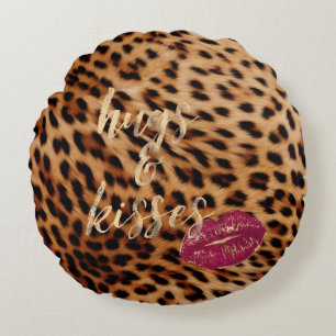 Girly Glam Leopard Hugs & Kisses Lips Rundes Kissen